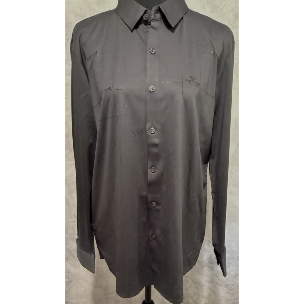 Mens Dress Shirt Large Gray Silky Abstract Print Long Sleeve Barrel Cuff Vintage